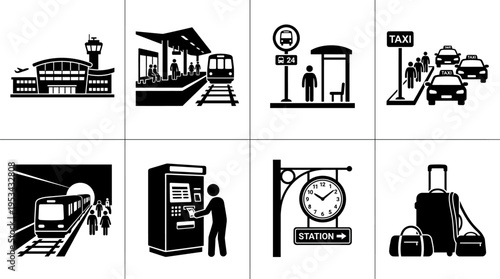 Transit Icons Vector – Airport, Train Station, Bus Stop, Car Rental, Metro, Luggage Graphic
