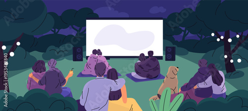 Outdoor cinema. People sitting on grass wrapped in blankets, watching romantic movie, couples in love, leisure time evening park, entertainment outdoors garish vector cartoon flat concept