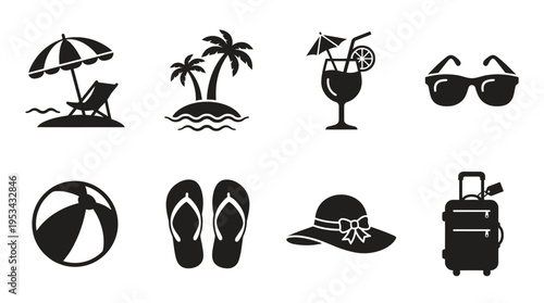 vector,beach,icon,travel,vacation,umbrella,lounge,chair,island,palm,tree,water,cocktail,glass,straw,fruit,umbrella,sunglasses,ball,flip‑flops,hat,sun,suitcase,luggage,holiday,summer,relaxation,leisure