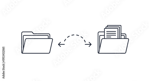 File folder synchronization and data transfer icon depicting documents moving between folders using a curved dashed arrow indicator.