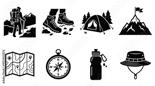 Hiking Icons Vector – Boots, Mountain, Backpack, Walking Stick, Map, Compass, Tent, Flag Summit