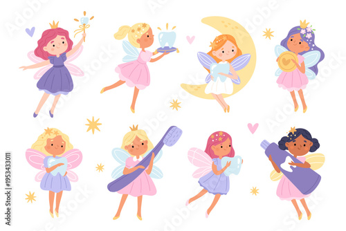 Funny tooth fairies. Fabulous creatures hold baby teeth, coin, paste and brush, little girls with wings and dresses, dental care and oral hygiene mascot garish vector cartoon isolated set