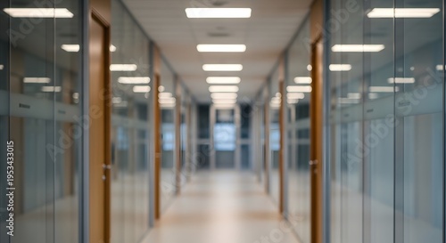 A long empty office hallway with glass walls and fluorescent lighting