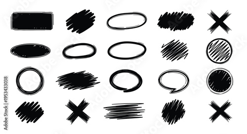Collection of scribbled and hand-drawn shapes featuring ovals circles boxes and crosses in a rough black ink style for design.