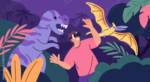 Funny guy with VR glasses. Virtual reality, journey into age of dinosaurs, computer game, new technologies using, interactive simulation cartoon flat style isolated garish vector concept