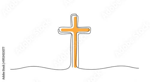 Christian cross depicted in a simple continuous black line drawing with an orange interior fill on white background.