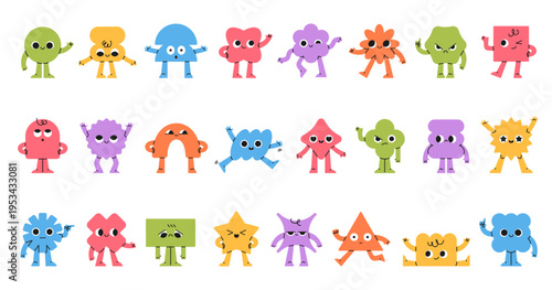 Funny geometric characters. Comic abstract mascots, smiling faces, hands and feet, different simple playful shapes, poses, emotion or expression, creative graphic classy vector cartoon set