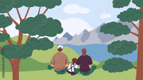 Family admires nature. Happy parents and child sitting on grass by lake, mountain landscape, people view from back in forest relax, nature scenery, garish vector cartoon isolated concept