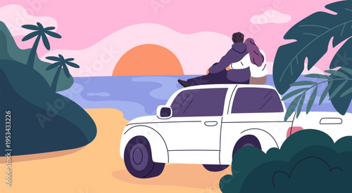 Couple with car looking back view. Romantic people meets dawn, guy and girl admire sunset at sea landscape, love and hugs, tropical resort leisure time, garish vector cartoon flat concept