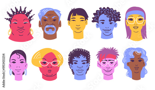 Contemporary portraits. Cartoon people colorful heads, character avatars, different haircuts, female and male persones, various hairstyles and profiles design splendid vector isolated set