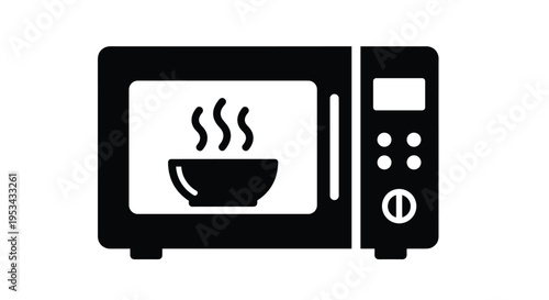 Black icon of a microwave oven containing a bowl of hot steaming food representing kitchen appliance and fast cooking.