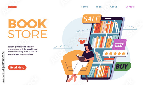 Choosing book online. Virtual bookstore, girl choices and reads literature, e commerce retail, remote library in smartphone, web banner design, nowaday vector cartoon isolated concept
