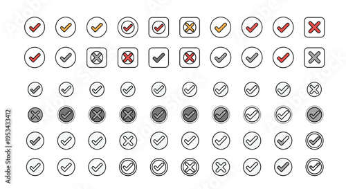 Large variety of check mark and cross icons in different shapes colors and styles for confirmation and rejection status.