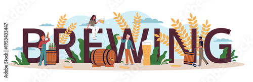 Brewing beer. Large word and tiny people hold mugs with drink, craft beer production, wooden barrels, bottling, ingredients and fermentation process nowaday vector cartoon isolated concept