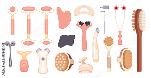 Body and face massage devices. Gua sha scrapers, rollers and stones, skincare, anti age procedures elements and relaxation, beauty routine, home spa sign, tidy vector cartoon isolated set