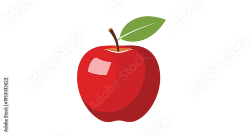 Fresh red apple illustration with a green leaf and brown stem isolated on a white background for healthy food concepts.
