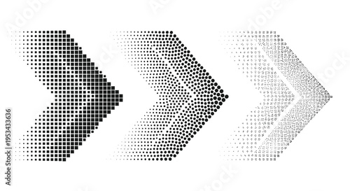 Trio of arrow-shaped chevrons pointing right created with different halftone dots and square patterns for dynamic directional design.
