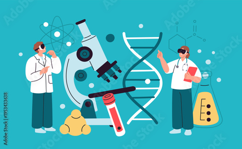 Augmented reality. Scientists with vr glasses use virtual objects, new technologies interaction, progressive methods, laboratory analysis, garish vector cartoon flat biotechnology concept