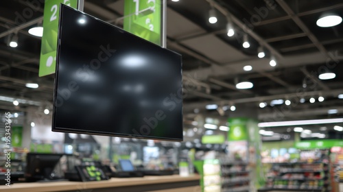 A blank black television screen hangs in a supermarket, serving as digital signage above checkout aisles.