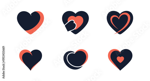 Set of six unique heart-shaped icons in black and coral colors featuring various internal cutouts and overlapping design elements.