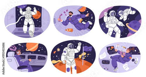 Astronauts in cosmos. Man in spacesuit goes into outer space, floating in zero gravity, exploring planets, ship cabines, cosmonaut spaceship adventure garish vector cartoon isolated set