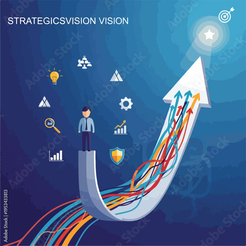 A businessperson's trajectory with various icons, reaching for a star above the arrow