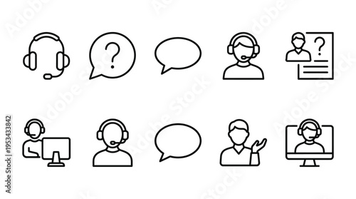 set of online support assistance icon collection vector customers service agent helping technical solution client symbol outline illustration