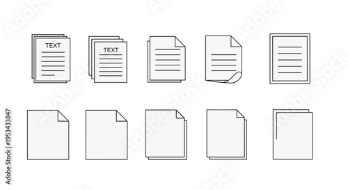 Collection of ten different document icons showing sheets of paper with text, lines, folded corners, and stacked arrangements.