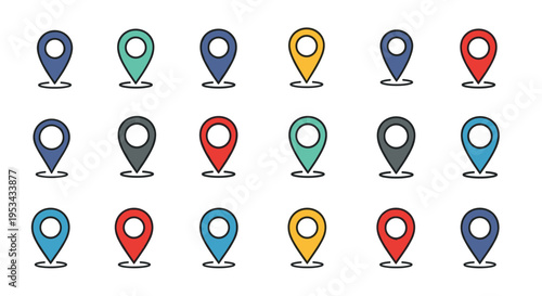 Large set of sixteen map location pin icons in various colors including blue, green, yellow, red, and dark grey for maps.