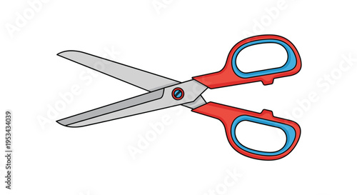 Pair of professional office scissors with red and blue plastic handles and sharp steel blades for cutting paper and crafts.