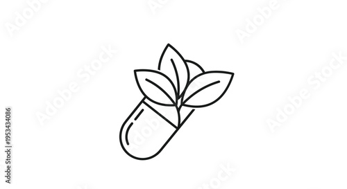 Minimalist outline of a medical capsule pill with three leaves growing out of it symbolizing natural medicine or herbal health.