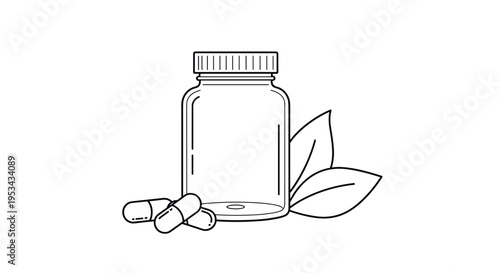 Linear icon of a medicine bottle accompanied by three capsules and two leaves representing natural health supplements.