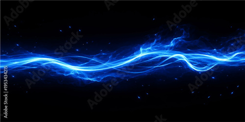 A glowing abstract blue wave design with electric light lines and fractal energy effects creates a futuristic science and technology art background