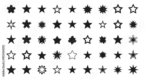 Extensive collection of fifty different star-shaped icons in solid black and outline styles for ratings and decorations.