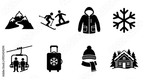 Ski Trip Icons Vector – Mountain, Skis, Snowboard, Jacket, Snowflake, Cabin, Luggage Graphic