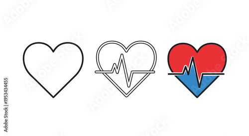 Set of three heart icons representing medical health and heartbeat through outlines and red and blue color combinations.