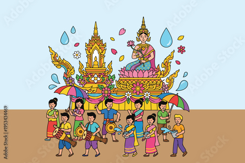 A colourful vector illustration of a grand Songkran festival procession in Thailand. 