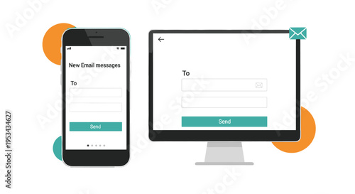 Illustration of a mobile smartphone and desktop computer screen showing a new email message draft with a send button.