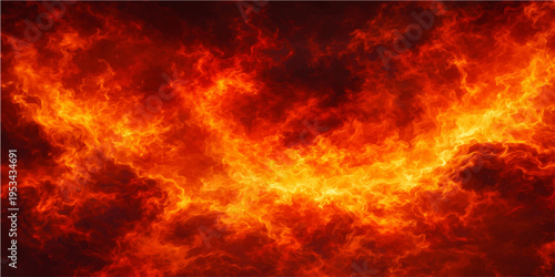 A burning inferno of red and orange fire flames creates a hot motion energy texture against a dark black space with smoke clouds and glowing light patterns for a powerful grunge art design background