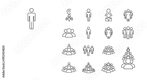 Large collection of human figure icons representing individuals, couples, and groups for social networking and team concepts.