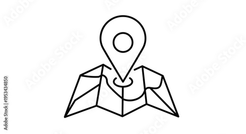 Line art icon of a folded paper map with a location pin dropped on a point for travel navigation and gps location services.
