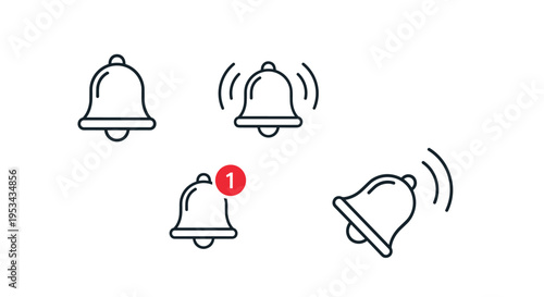 Set of notification bell icons showing various states like ringing and an unread alert with a red badge showing number one.