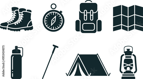 Collection of black vector camping and outdoor equipment icons on transparent background