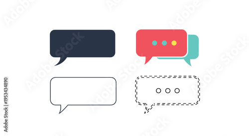 Four different speech bubble icons including solid, colorful with dots, outline, and dashed styles for messaging interface.