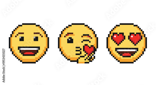 Set of three pixel art emojis representing a big toothy smile, a blowing heart kiss, and a happy face with heart shaped eyes.