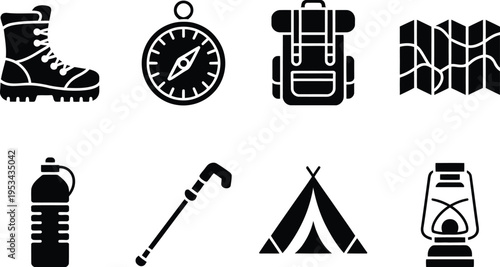 Collection of black vector outdoor activity and camping gear icons on transparent background