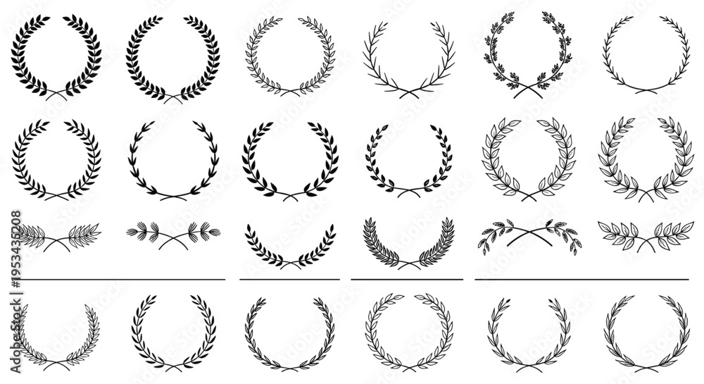 Obraz premium Large collection of black laurel wreath and branch icons for award achievement victory and classic decorative design motifs.