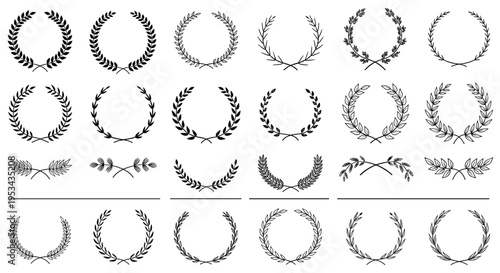 Large collection of black laurel wreath and branch icons for award achievement victory and classic decorative design motifs.