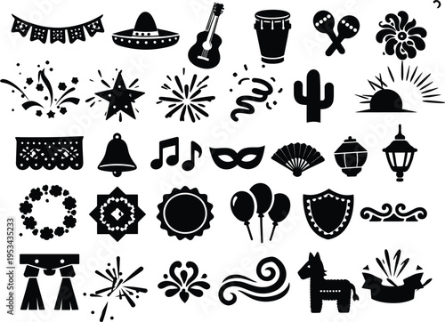 30 Cinco de Mayo Solid Black Silhouette Icons Set on White Background