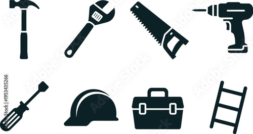 Hammer wrench saw drill screwdriver helmet toolbox ladder construction tools icons vector set